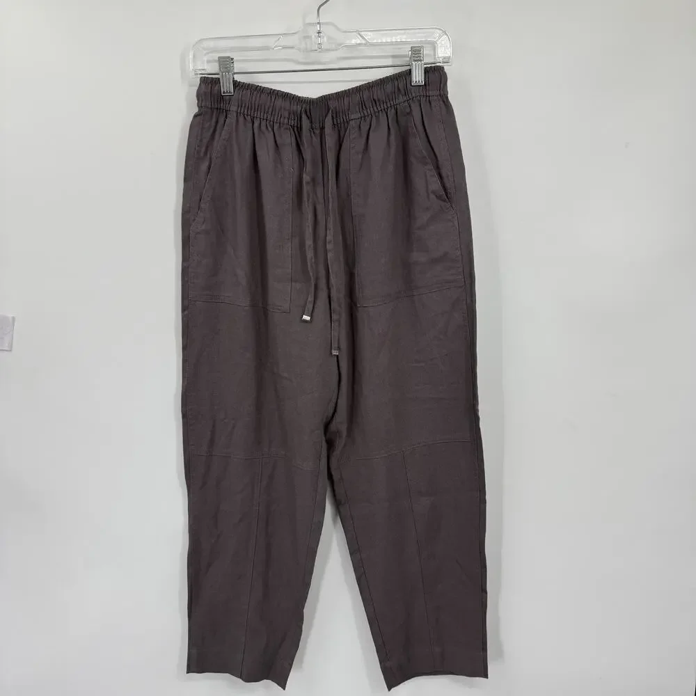 Zara Linen Blend Crop Pants XS Gray Elastic Waist Tie Boho Coastal Relaxed
